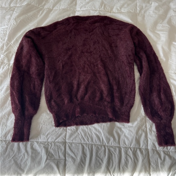 Express Burgundy Fuzzy Faux Fur Sweater XS Bateau Neck Long Sleeve Soft Cozy - Picture 7 of 10